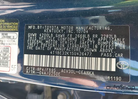 2005 Toyota Camry Le z USA, uszkodzony, nr VIN 4T1BE32K15U426477